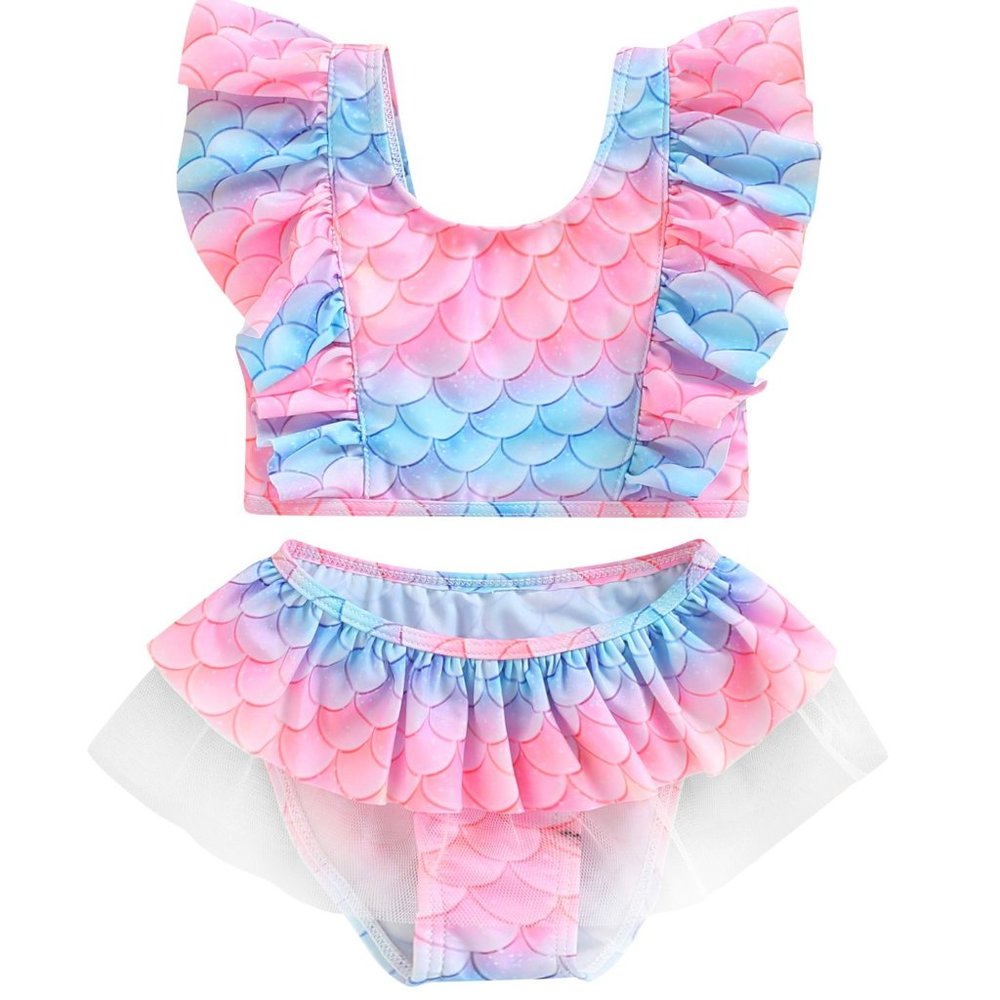 Pink-Blue Mermaid Print Ruffle 2pcs Little Girl Flutter Tankini Swimsuit Set